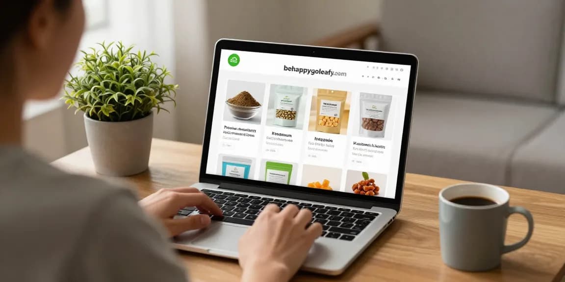 Kratom shopping experience at behappygoleafy.com with a cozy home setting and various products displayed on a laptop.