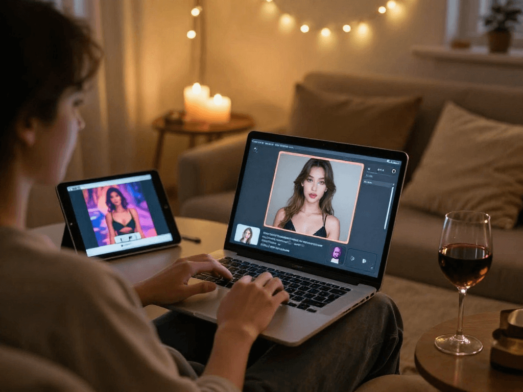 Engaging in an ai porn chat in a cozy, intimate setting with warm lighting and personal decor elements.