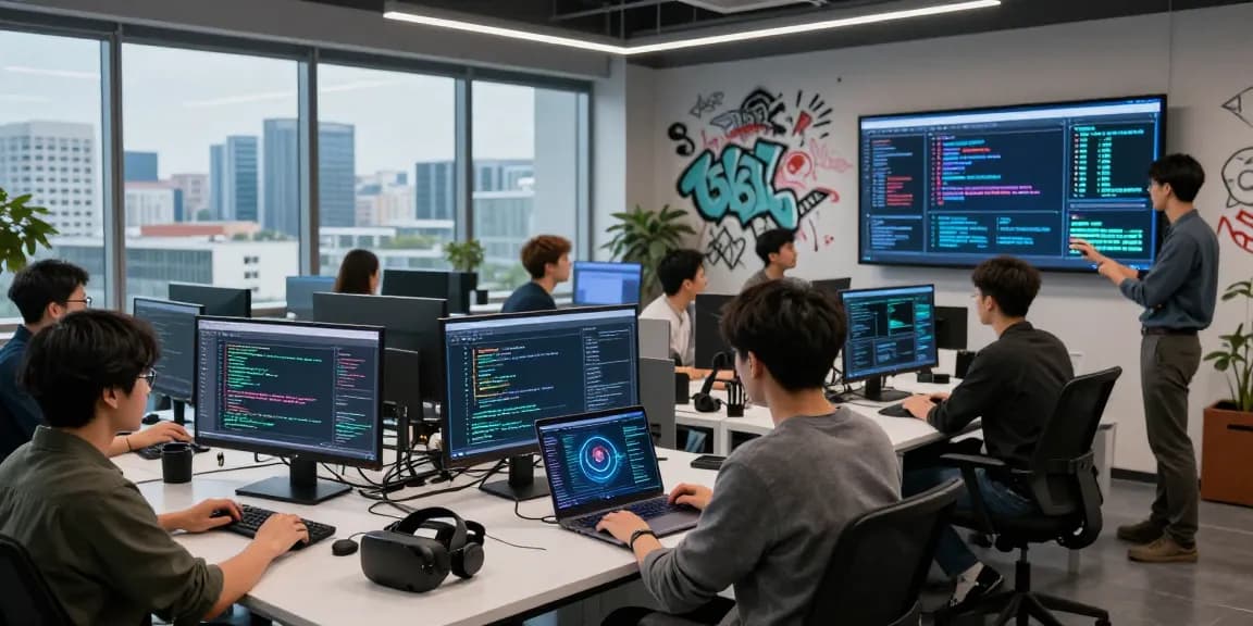 A collaborative workspace with developers working on agentic AI projects, featuring screens with data visualizations and coding.