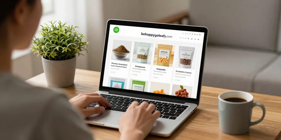 Kratom shopping experience at behappygoleafy.com with a cozy home setting and various products displayed on a laptop.