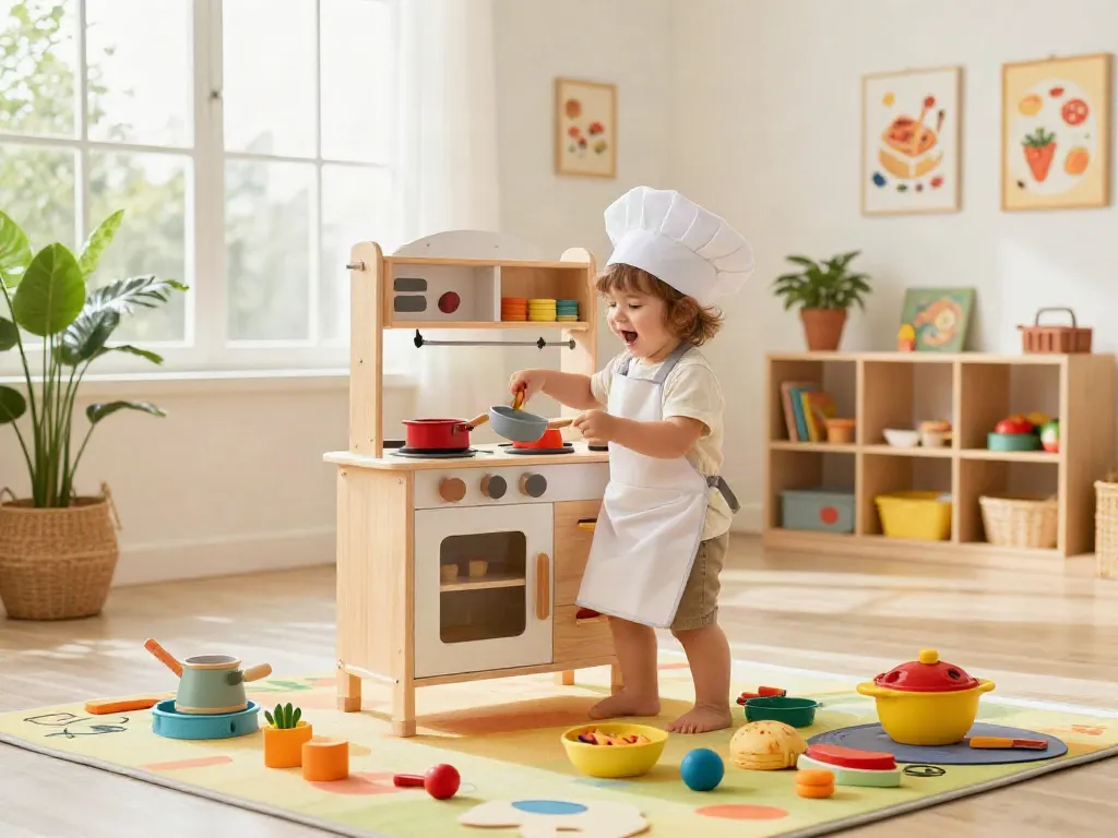 Child playing in a vibrant play kitchen, exploring creativity and imagination with toy pots and pans.