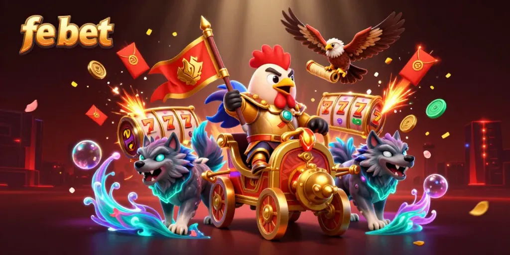 Experience thrilling gameplay with fe bet's dynamic casino scene featuring a rooster warlord and rich game elements.