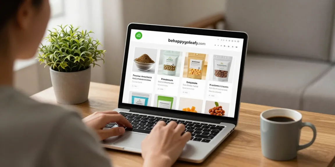 Kratom shopping experience at behappygoleafy.com with a cozy home setting and various products displayed on a laptop.