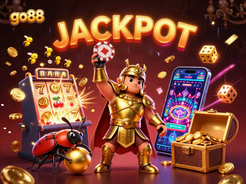 Engage with go88's thrilling jackpot as a heroic beetle lifts a winning poker chip!