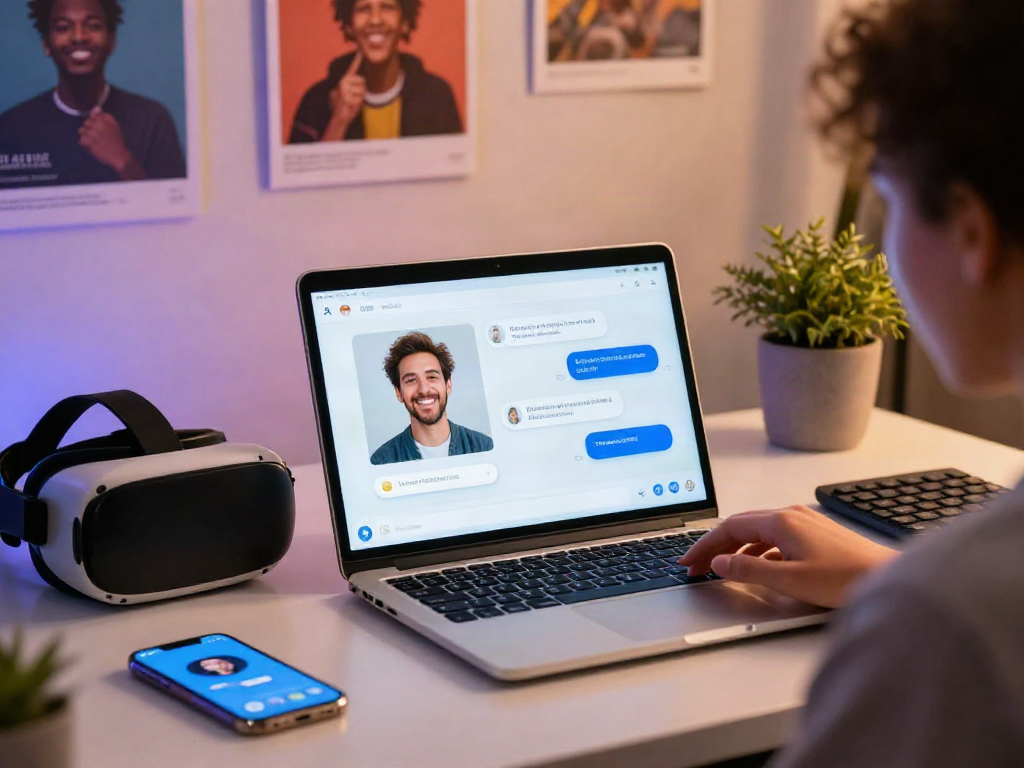 Engaging ai porn chat interaction on a sleek laptop in a modern home office.