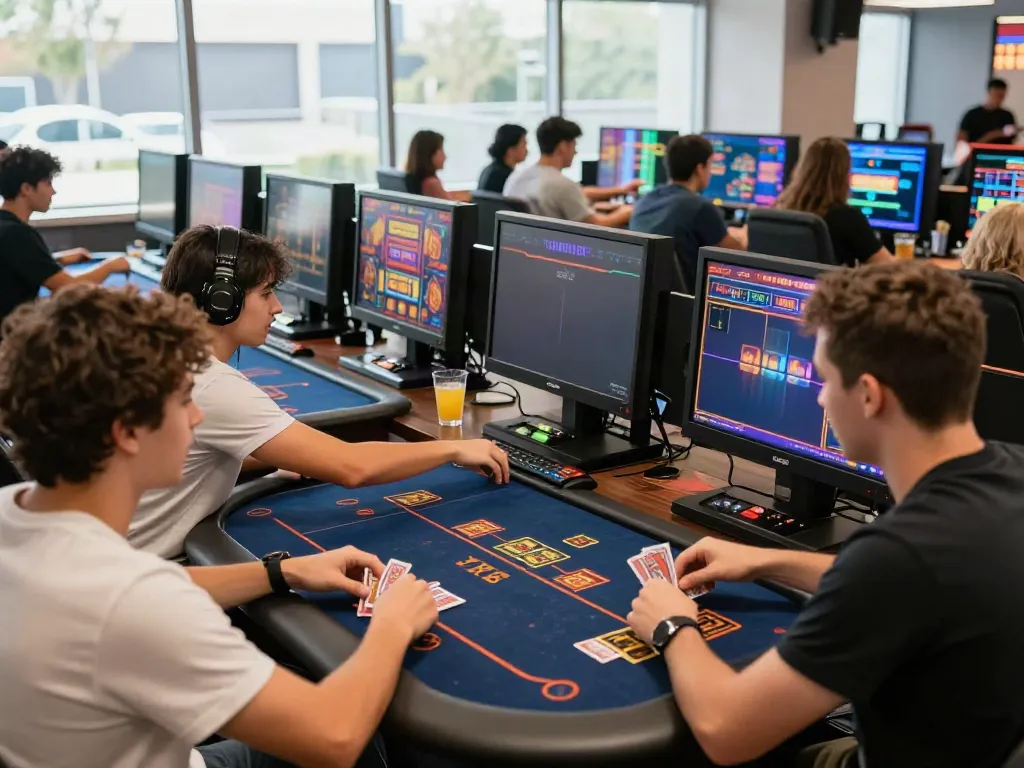 Exciting gaming scene at TX88 with players enjoying online casino games like slots and cards.
