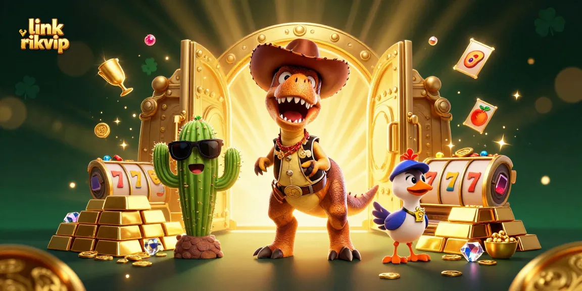 Experience the thrill of the casino with link rikvip, featuring a lively T-Rex and friends among gold treasures.