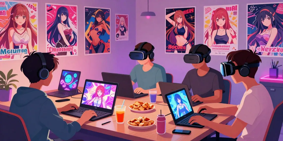 Engaged players enjoying ecchi games on various devices in a cozy, colorful gaming space.