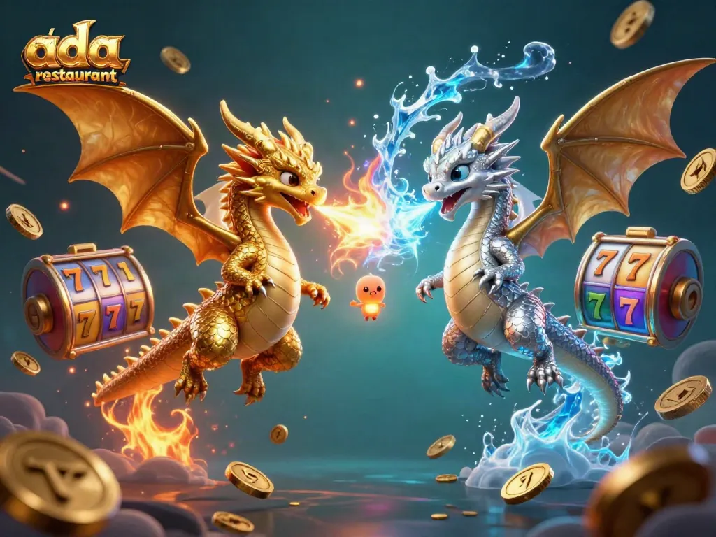 Experience gaming excitement at ada-restaurant with twin dragons and vibrant slot elements