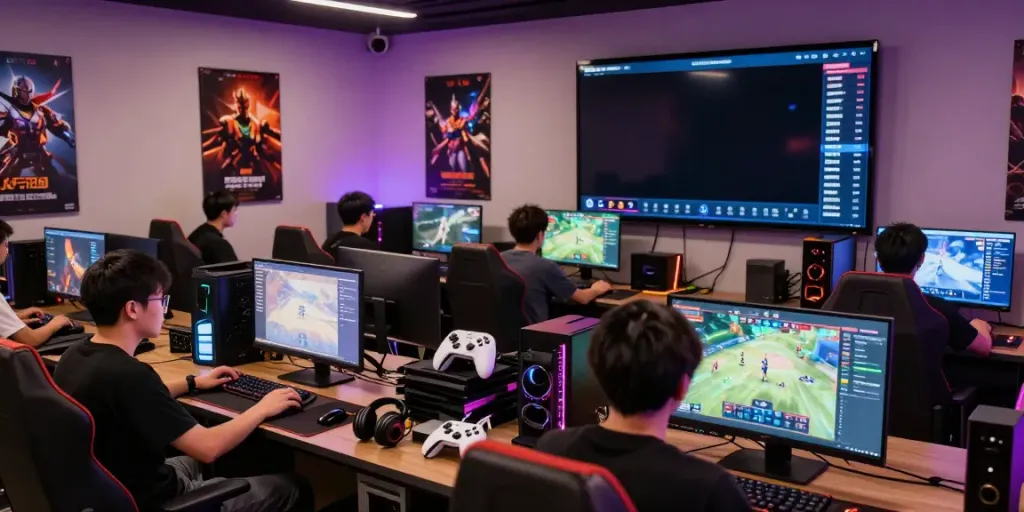 Engaged players enjoying debet.com in a vibrant gaming lounge atmosphere.