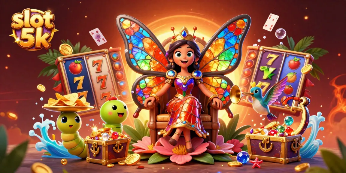 Spin slot 5k reels with colorful gems and golden coins bursting from treasure chests in vibrant casino scene.