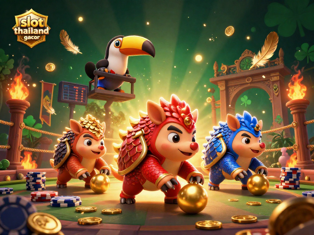 Engage with the thrilling slot thailand gacor experience in this dynamic 3D illustration, featuring playful pangolins and a vibrant betting scene.