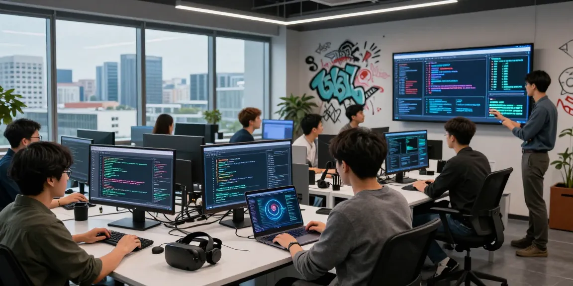 A collaborative workspace with developers working on agentic AI projects, featuring screens with data visualizations and coding.