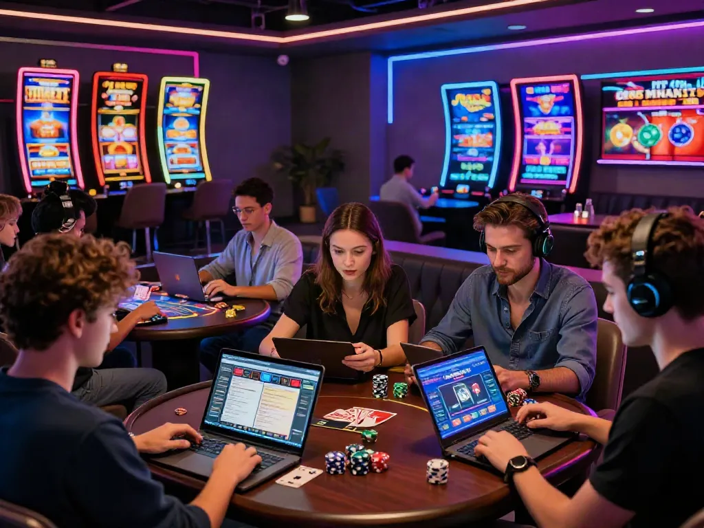 Players enjoying immersive experiences in credit card casinos, engaging with online games in a modern digital lounge environment.