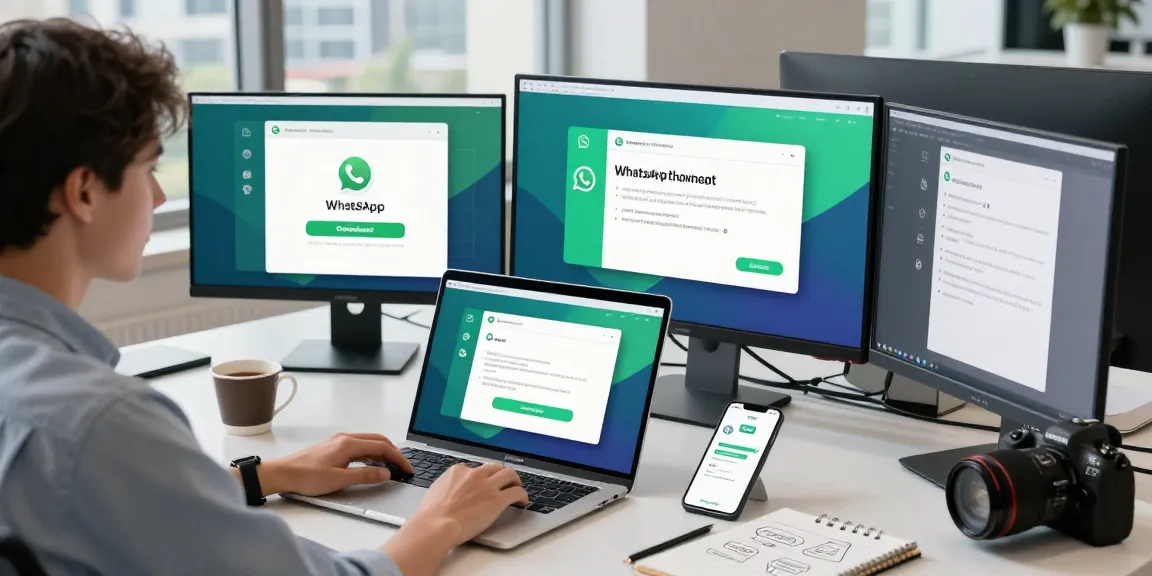 WhatsApp下載 page on laptop with smartphone notifications in bright office