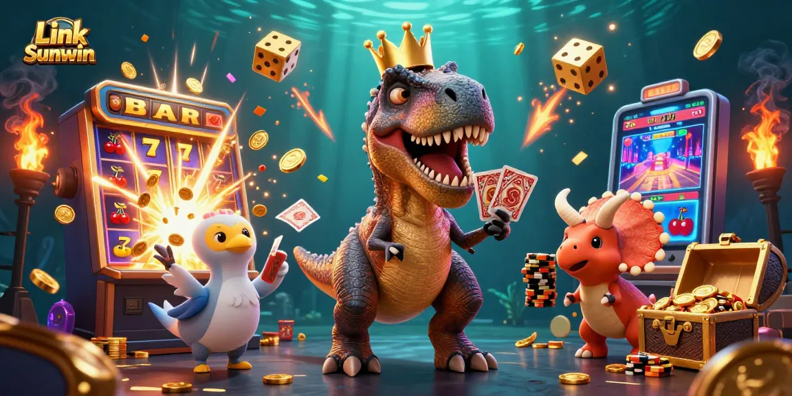 Experience the excitement of gambling with Link Sunwin amidst animated characters and casino elements.