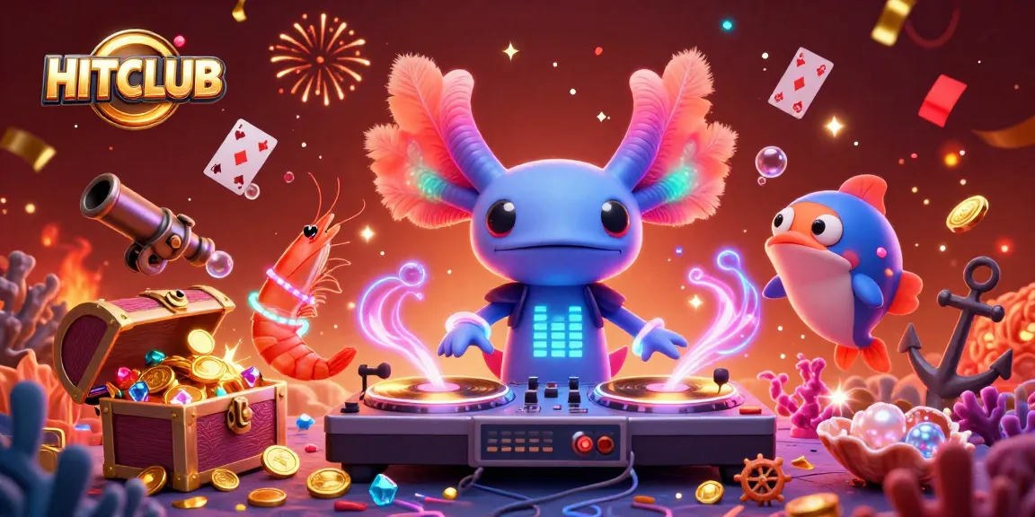 Join the HITCLUB adventure with a vibrant underwater casino scene featuring a DJ axolotl and dazzling elements.