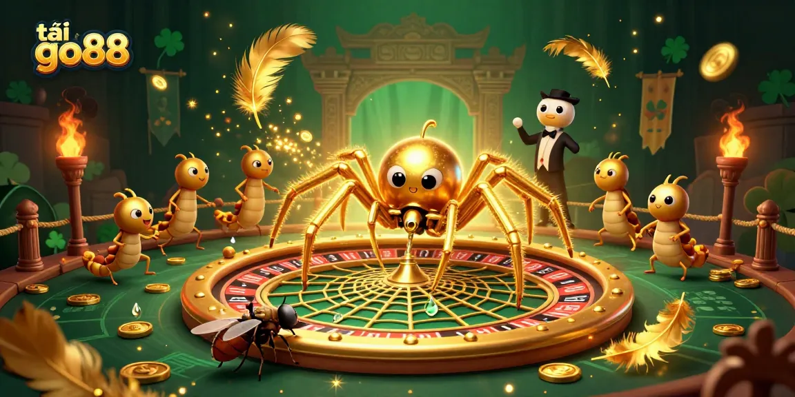 Experience the thrill of tải go88 with a golden spider and centipede croupier in a vibrant casino scene.