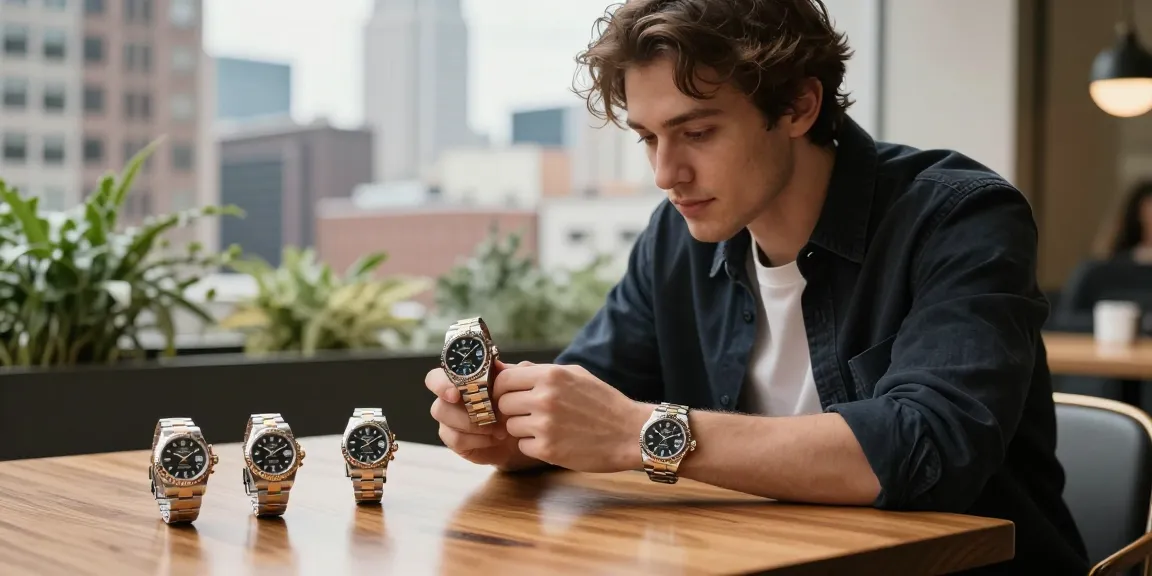 Showcase of Rolex super clone watches on a stylish table with urban backdrop, highlighting elegance and luxury.