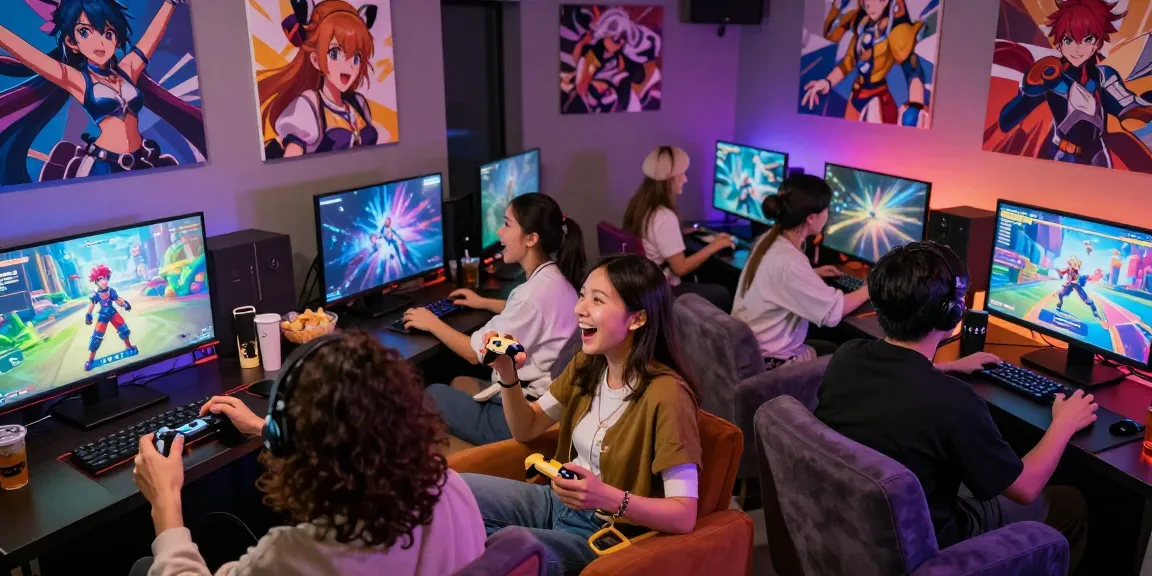 Adults enjoying hentaigames in a vibrant gaming lounge with screens and snacks.