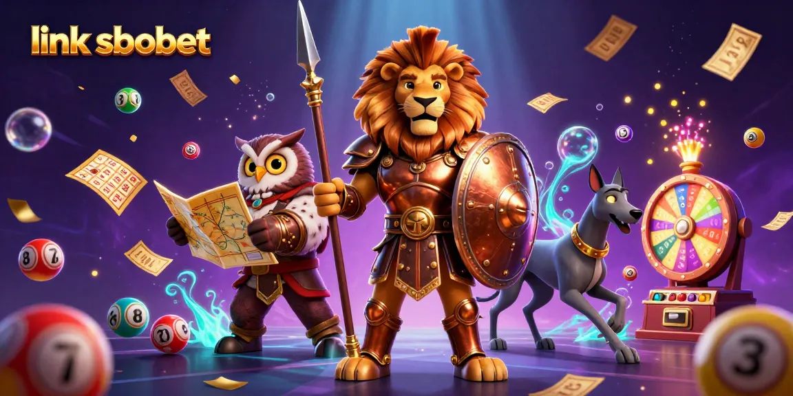 Experience link sbobet with a vibrant scene featuring lottery elements, heroic characters, and a dynamic casino atmosphere.