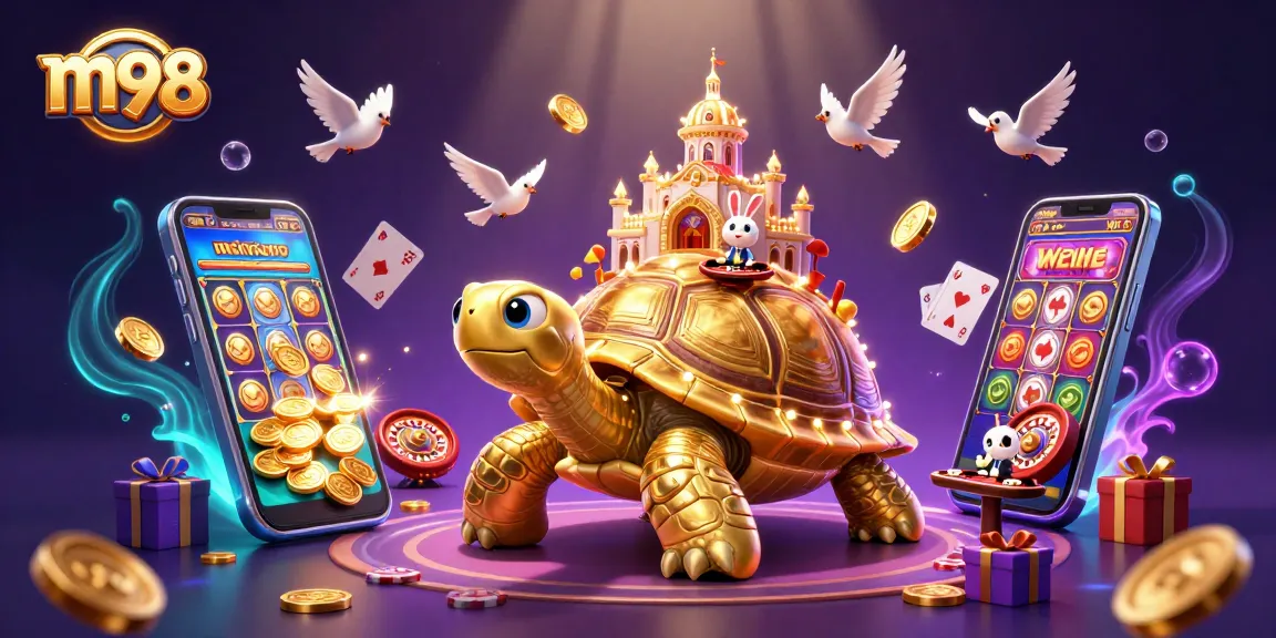 Experience the thrill of m98 with a vibrant casino scene featuring a golden tortoise and flying coins.