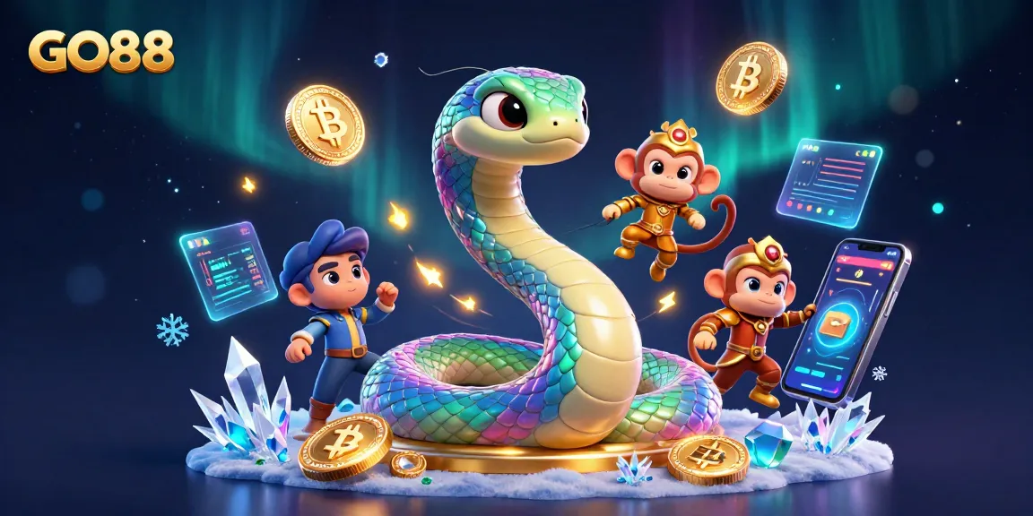 Experience GO88 with vibrant 3D characters amidst glimmering crypto elements in a dynamic casino scene.