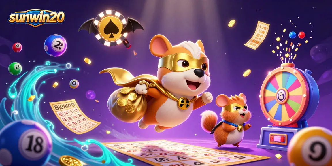 Engage with sunwin20 as a superhero dog flies through a casino-themed scene, filled with lively elements.